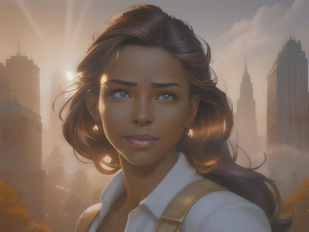A young woman with long, wavy hair gazes into a hazy cityscape, styled in a chic white top and trendy backpack, her hair swaying gently in the breeze.