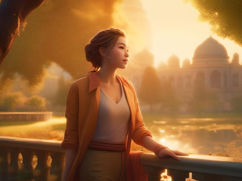 A woman in a chic, light-colored ensemble stands by a railing, gazing at an ethereal sunset over domed architecture and a serene lake.