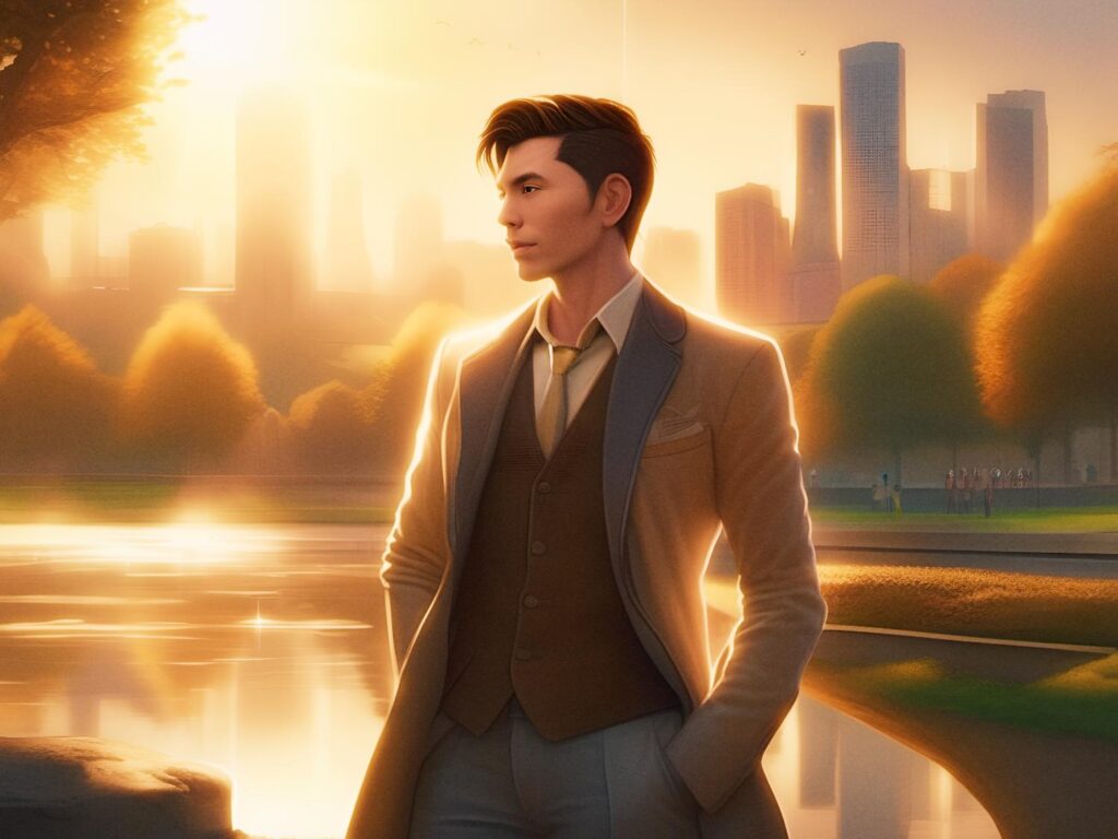 A stylish man, draped in a tan overcoat and vest, stands pensively by a serene sunset pond. The golden-hour glow and city skyline form the perfect chic backdrop.