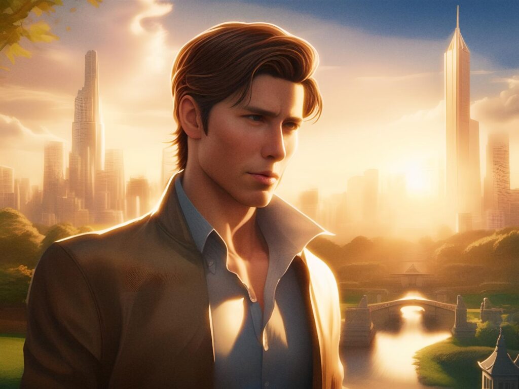 A young man with styled brown hair, donning a tan jacket over a light blue shirt, stands in a serene park. A city skyline glows at sunset behind him.