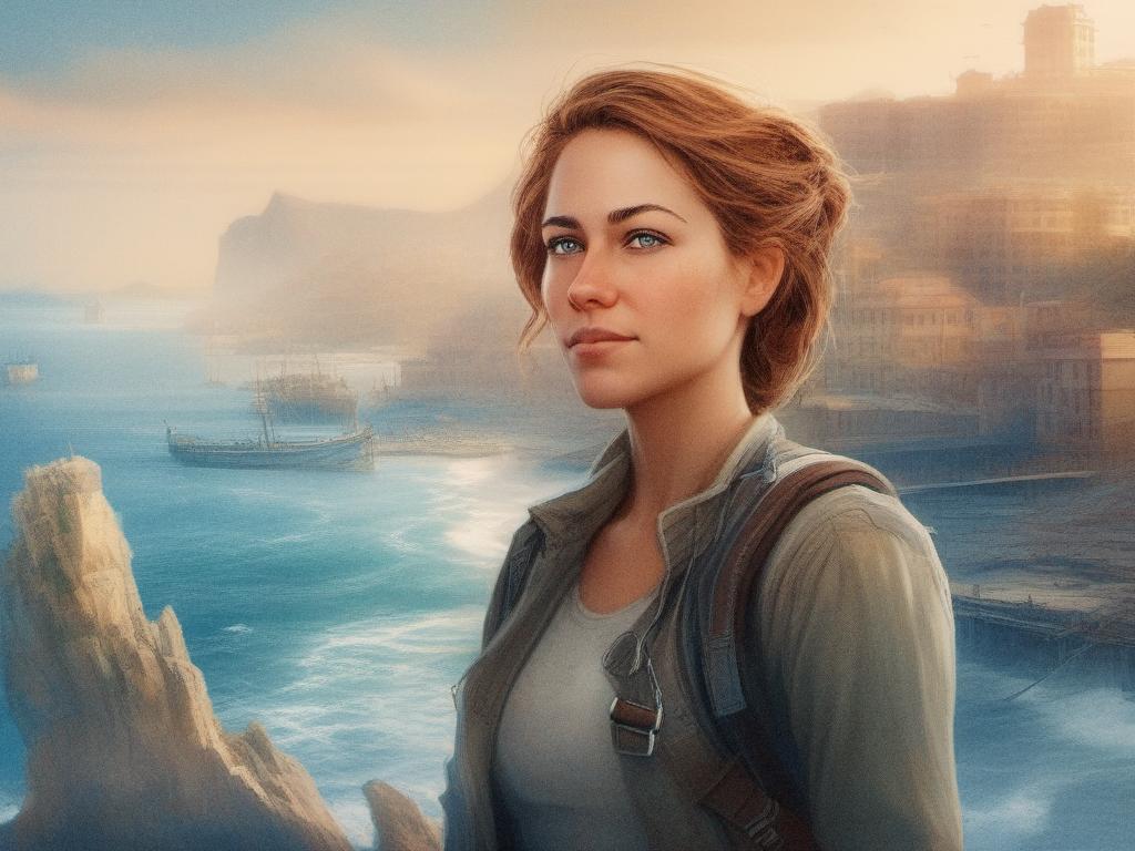 A woman with light auburn hair stands thoughtfully near a coastal town at sunrise, wearing a beige jacket and holding a chic leather briefcase. Rocky cliffs and calm waters frame the stylish moment.