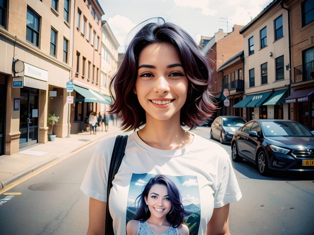 A young woman with chic, wavy hair beams in a stylish white T-shirt featuring her own smile. Urban street vibes enhance her trendsetting look.