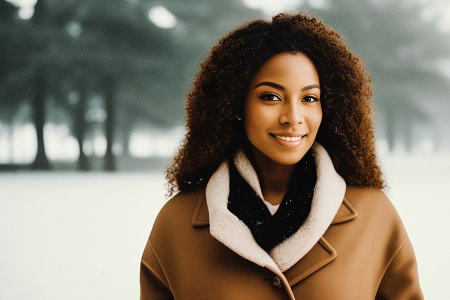 A joyful woman, her curls peeking from a chic winter coat, embracing snowy fashion trends.
