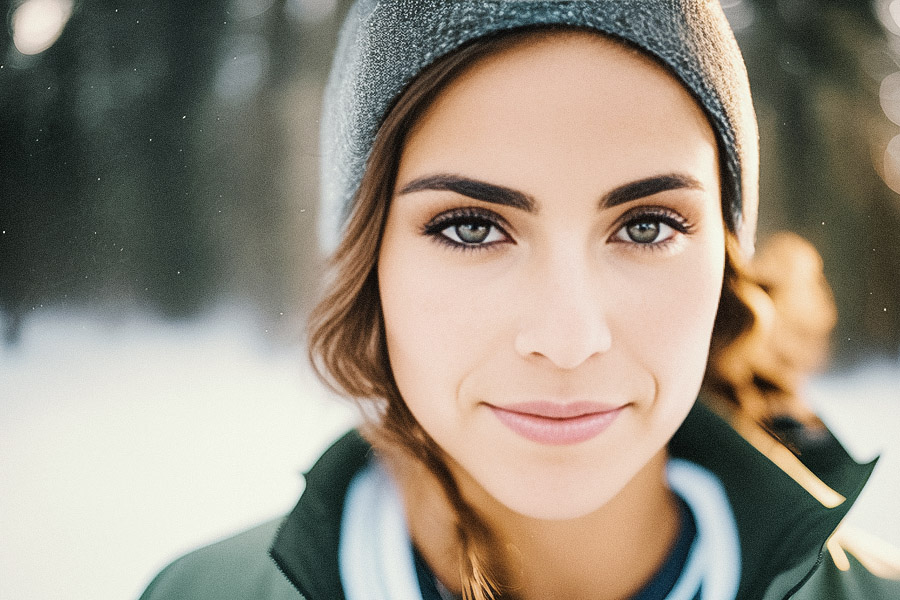 Woman's enigmatic smile peeking from under a stylish beanie, set against a serene snowscape.