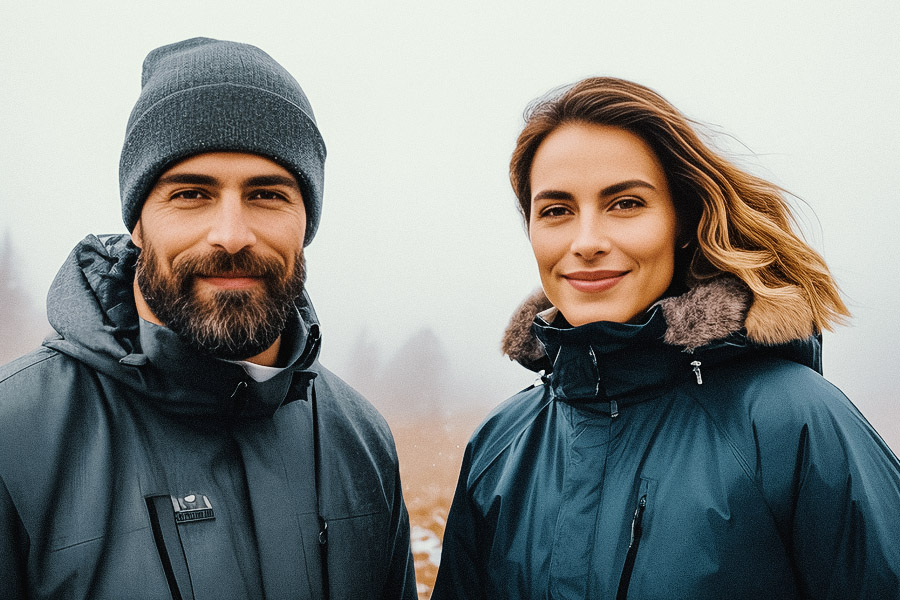 A stylish duo braving a foggy day in chic winter jackets and trendy hats, embodying winter fashion.