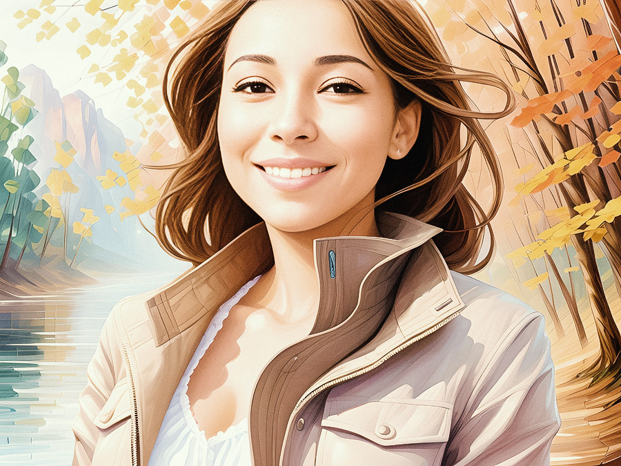Stylish woman radiating joy in a chic autumn jacket, set against the vibrant hues of an enchanting fall forest.