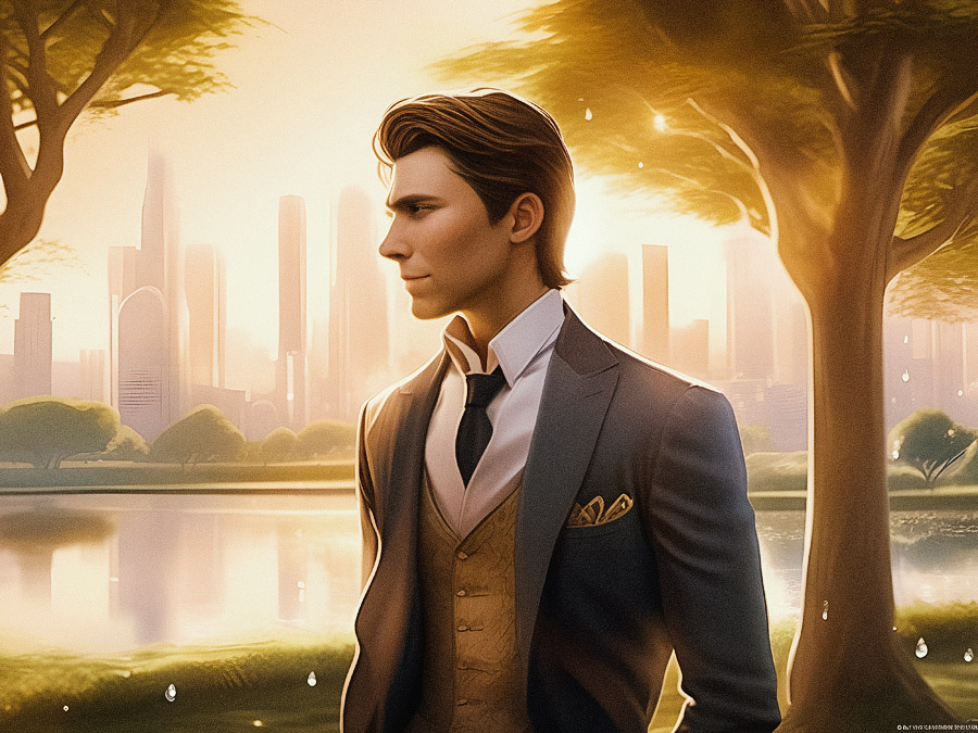 A dapper man in a grey suit stands by a serene lakeside at sunset. Fall leaves and city skyline blend style with nature’s golden hour charm.