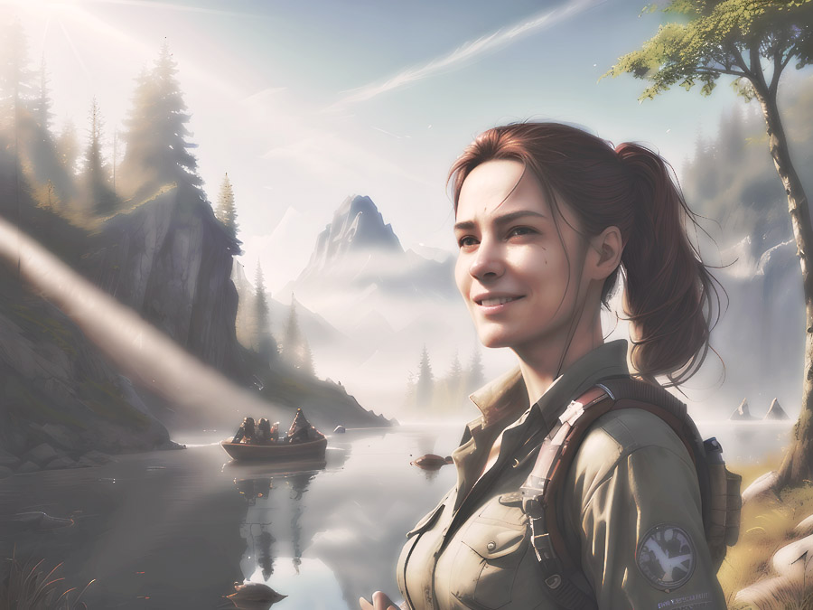 Captivating image of a serene woman standing peacefully by a tranquil lake, with a picturesque backdrop featuring a rustic boat floating gently on the water.