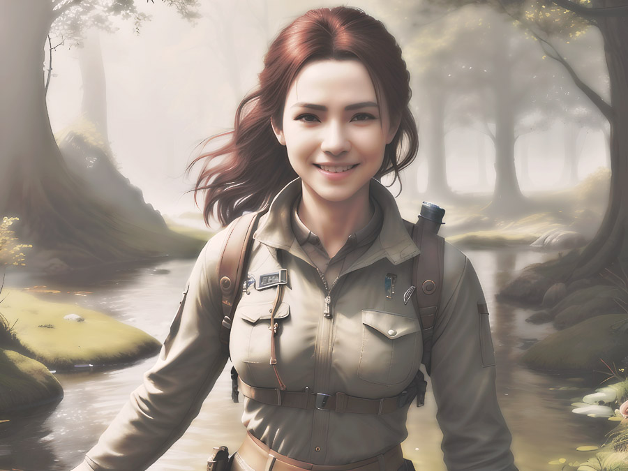 A young adventurer exploring the serene beauty of a dense forest, equipped with her trusty backpack.