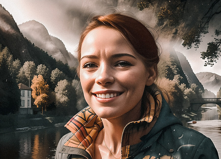 Stylish young woman radiates joy amidst a breathtaking mountain landscape, with chic nature-inspired accessories.