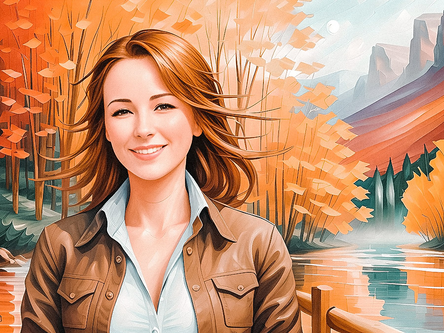 A stylish woman radiating joy, accessorized with a chic messenger bag amidst a stunning autumnal lake scene.