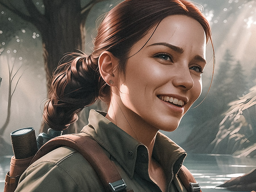 Stylish woman in chic outdoor gear, sporting a braided ponytail and a trendy messenger bag, bathed in forest sunlight.
