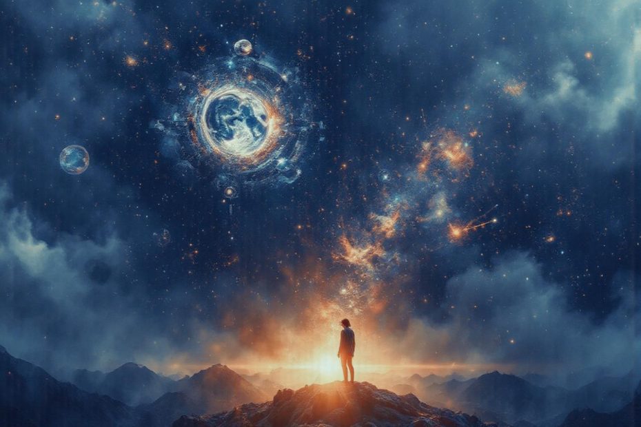 A trendsetting explorer stands atop a mountain, under a vibrant cosmic sky, blending nature's rugged style with celestial elegance.