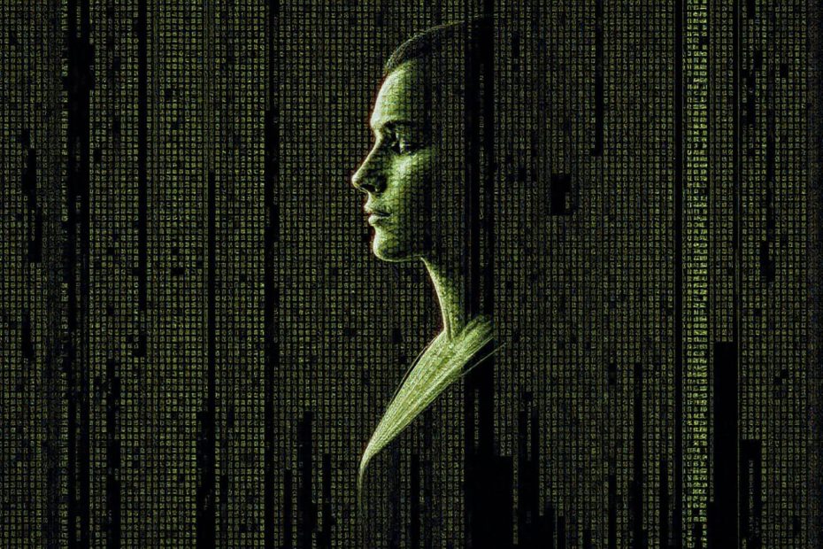 Profile silhouette amid digital green code evokes a Matrix vibe; cutting-edge style for the tech-savvy with a Mobile Edge Commuter Backpack.