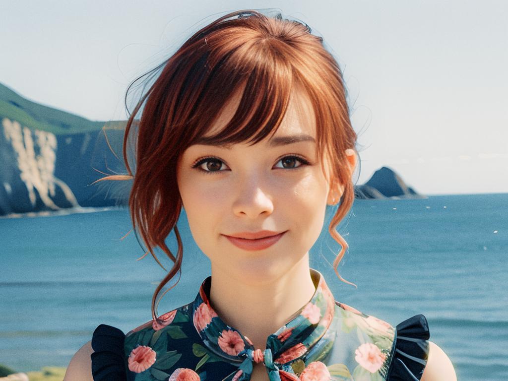 A stylish redhead with bangs beams in a floral high-collar dress, standing against a serene seascape and mountains, sporting a chic convertible backpack.