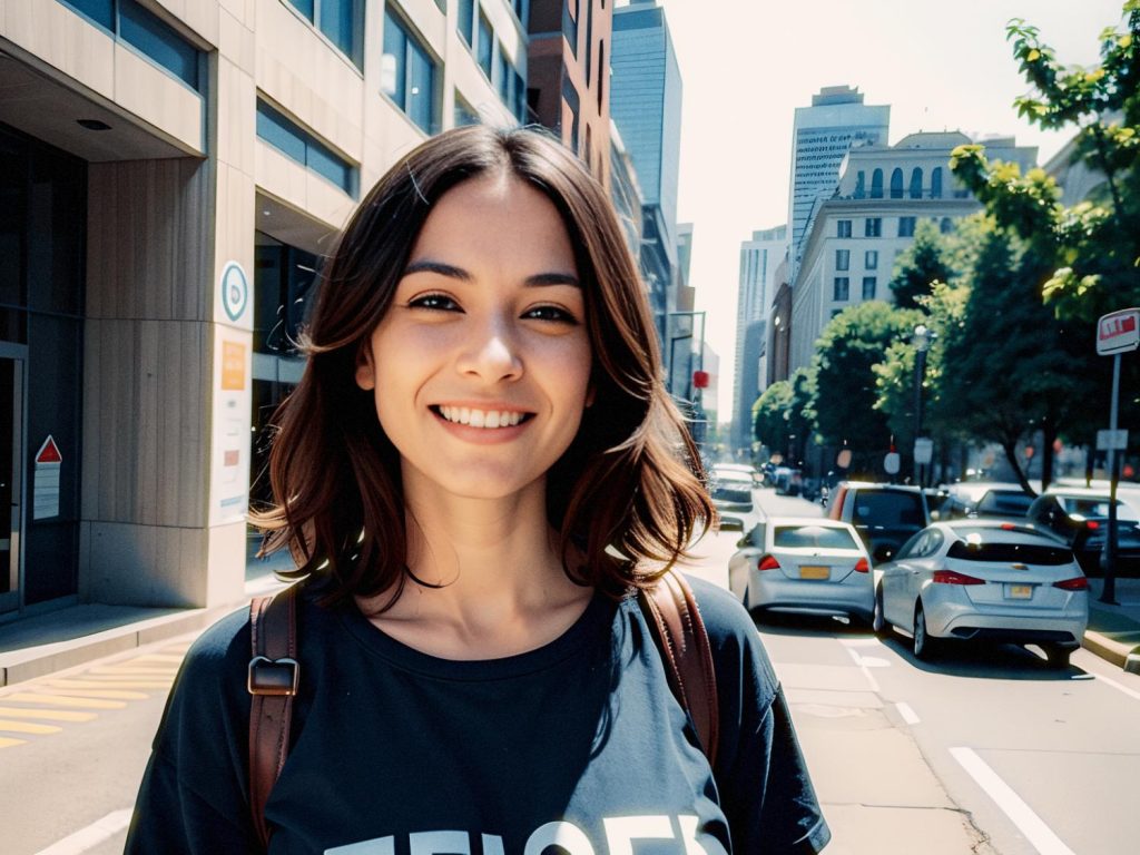 A woman with shoulder-length brown hair beams on a sunny city street, her clear backpack and black t-shirt epitomizing urban minimalist chic.