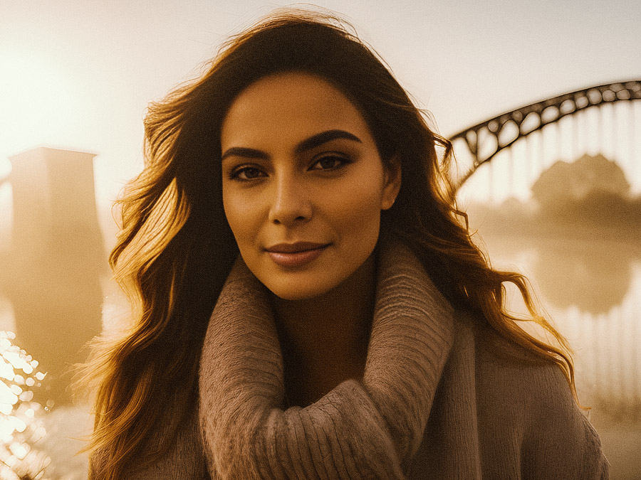 A woman with long, flowing hair stands at sunset, exuding effortless style in a cozy sweater and chic canvas tote. She smiles softly, framed by a golden bridge and serene waters.