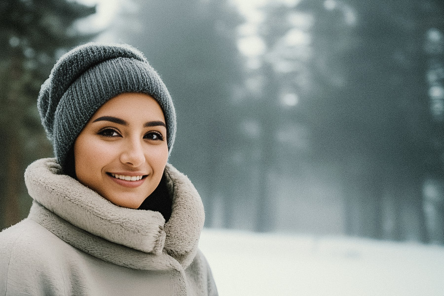 A stylish individual in a cozy grey coat and matching knit hat beams in a snowy, tranquil forest, showcasing the Burton Women's Deluxe Gore-Tex Gloves.