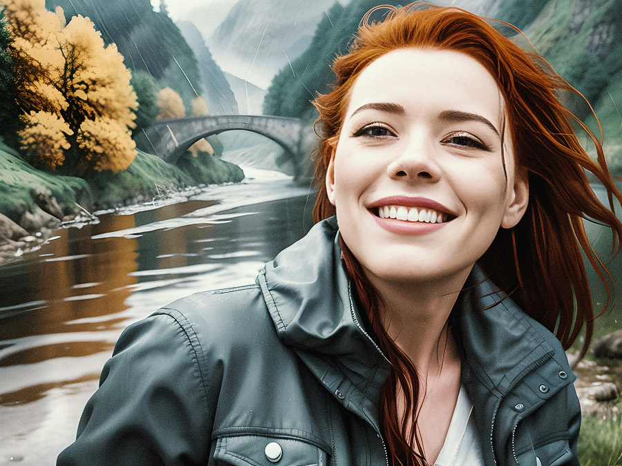 Radiant red-haired fashionista flaunts a stylish green jacket, her smile enchanting as the misty river and stone bridge backdrop.