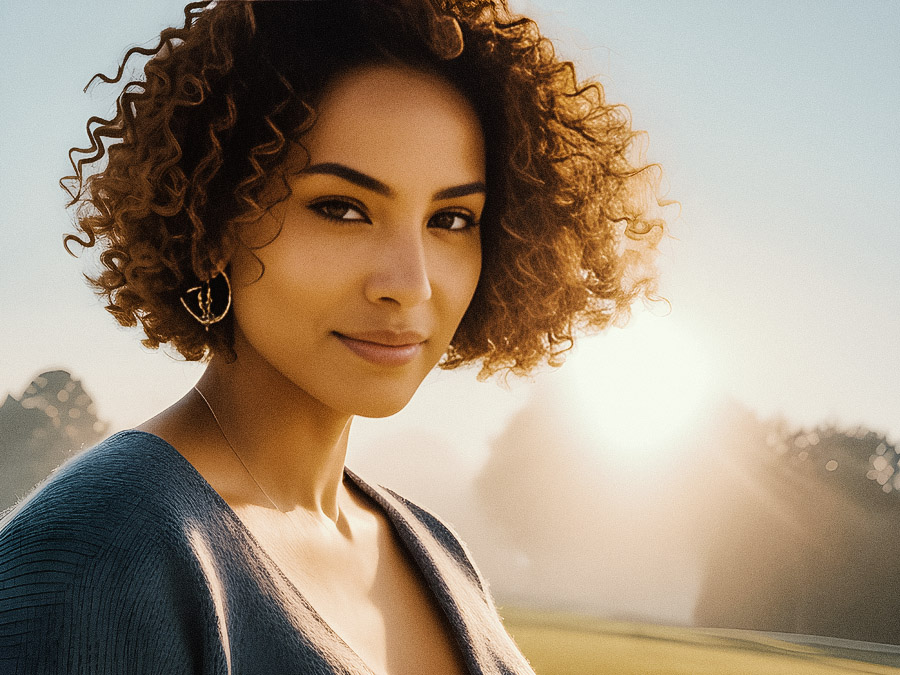 A radiant woman in a chic cobalt sweater, her curly locks highlighted by the enchanting sunset glow.