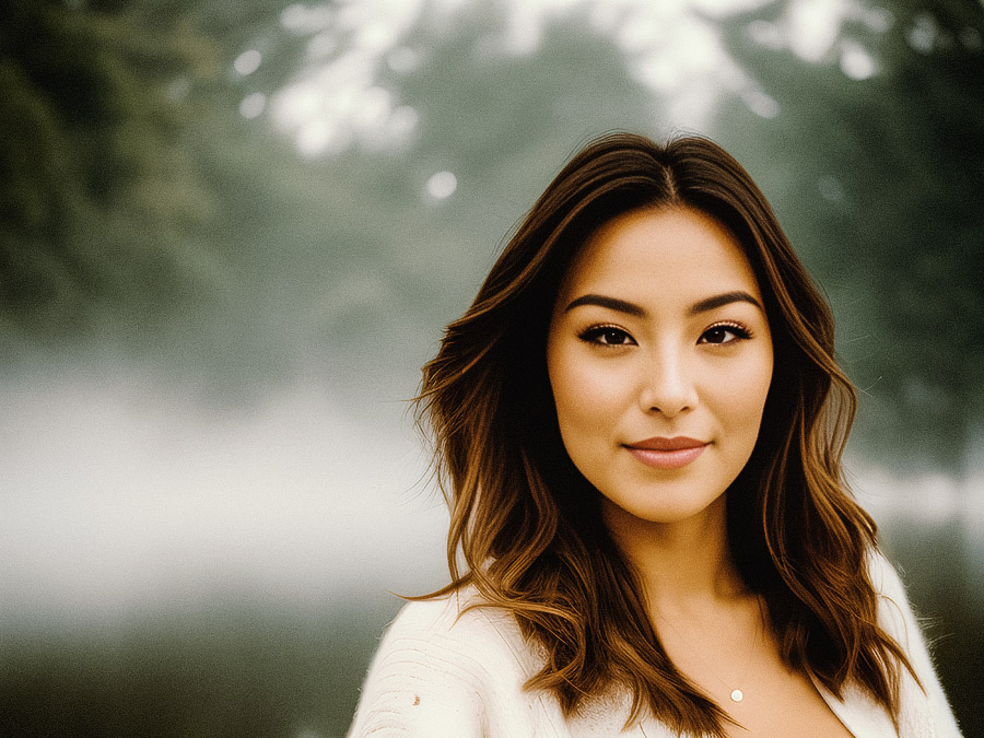 A person with long, wavy hair and a serene smile stands in a foggy, tree-lined setting. Their white top and Hirsch Grand Duke leather watch strap exude timeless style.