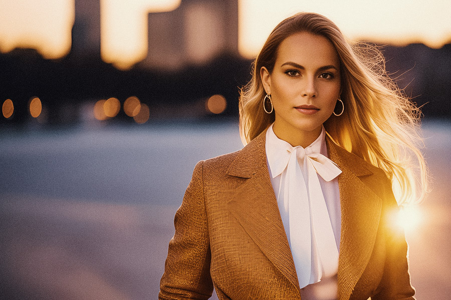 A stylish woman with long blonde hair stands at sunset, wearing a textured brown jacket over a white blouse with a bow. A vintage dress and hoop earrings complete her look, set against a blurred city skyline.