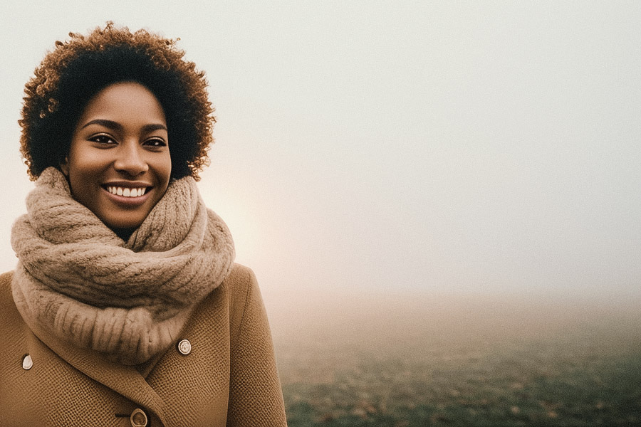 A radiant individual with a curly afro beams, donning a thick beige scarf and coat. A cotton tote bag adds flair amid the serene, foggy field.