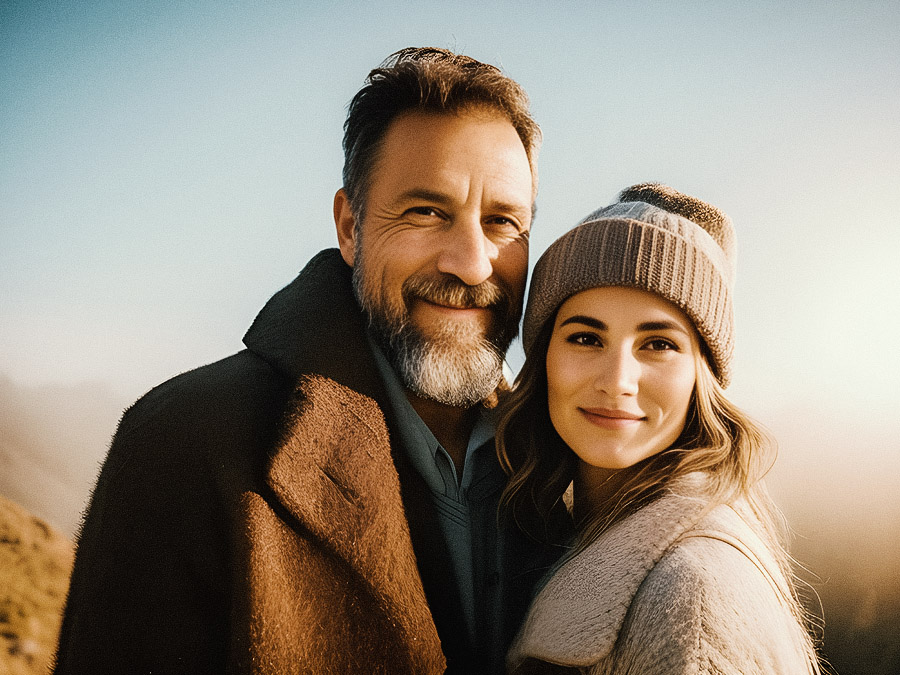 A stylish man and woman smiling in a hazy, sunlit backdrop, exuding winter fashion with trendy coats and accessories.
