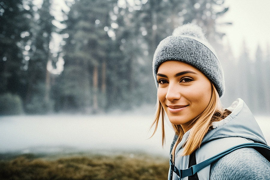 A blonde woman in a stylish gray beanie and light blue jacket stands amidst towering trees in a misty forest, dreaming of her online business.