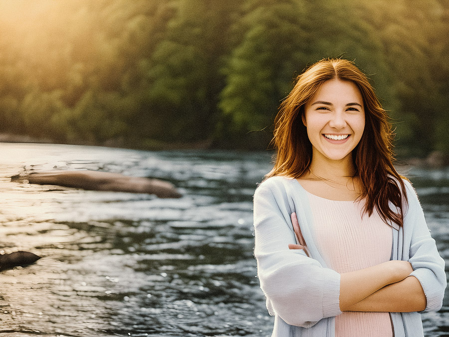 A young woman with long brown hair beams under the golden sunlight by a lush river, donning a chic light blue cardigan over a pink top—a perfect blend of nature and stylish entrepreneurship.