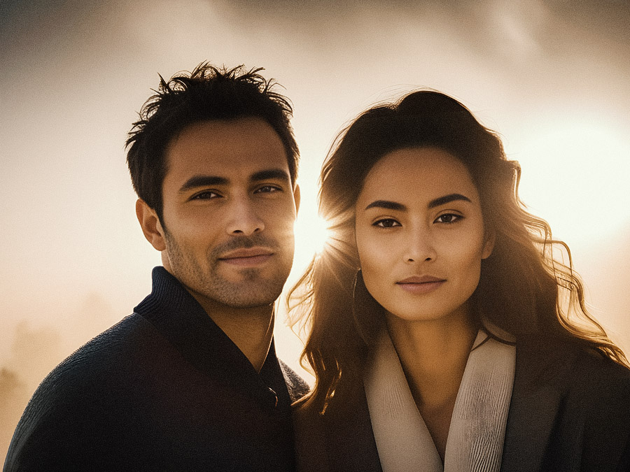 A stylish duo stands closely, serene under a golden sunset. Their casual-chic outfits and tousled hair capture effortless elegance, perfect for a fashion editorial.