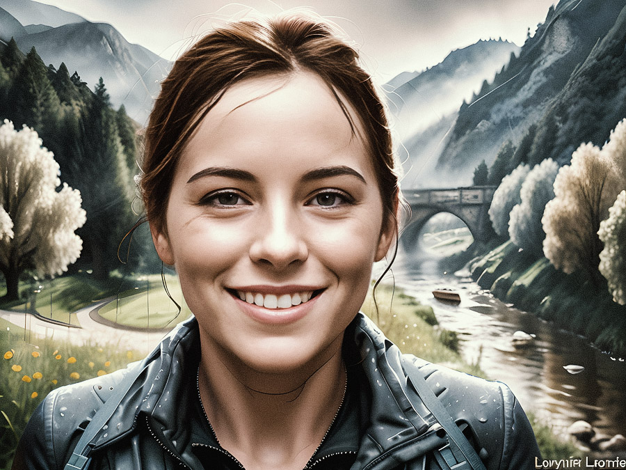 A woman with brown hair tied back, smiling in a chic jacket, stands before a stunning mountain landscape with a river and stone bridge—a fashion-forward adventure awaits.