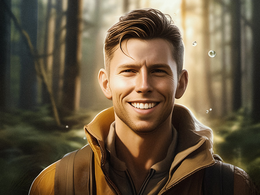 A man with short hair and a light beard stands smiling in a sunlit, lush forest. He's wearing a stylish brown jacket and a trendy backpack, as sunlight filters through the trees, creating a warm glow around him.