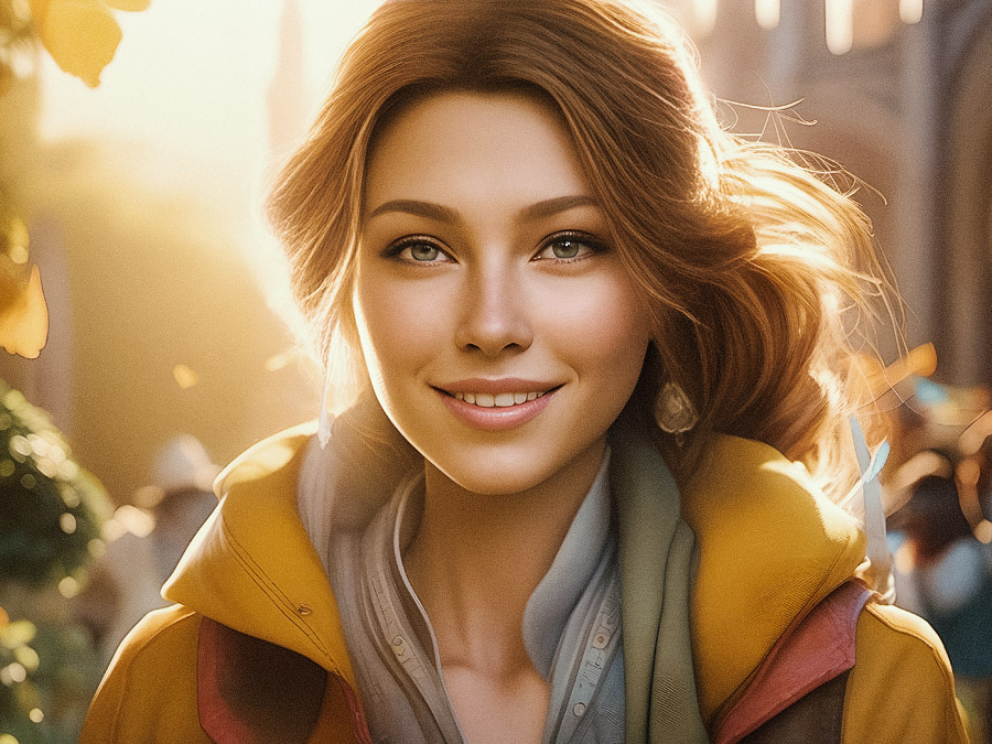 A young woman with long, wavy hair radiates warmth as she smiles at the camera. Draped in a hooded coat and chic scarf, and bathed in soft autumn sunlight, she effortlessly captures seasonal fashion amidst a dreamy fall backdrop.