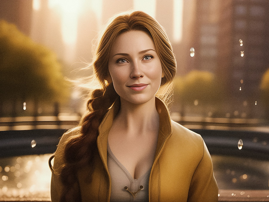 A stylish young woman with an auburn braid over one shoulder beams in a chic yellow jacket and light top. Cityscape and golden light backdrop.