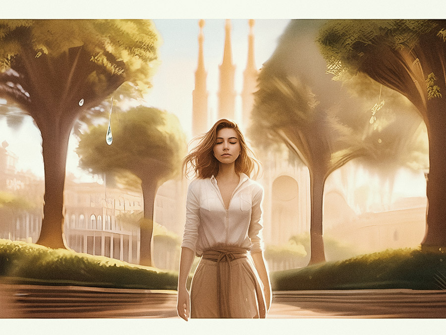 A woman with long, flowing hair strolls down a sunlit path in chic elegance, donning a white blouse and beige skirt amidst grand, spired architecture.