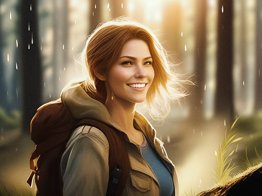 A young woman with long, flowing hair and a chic backpack stands in a sunlit forest. Droplets of rain glisten around her, casting a magical, golden glow.