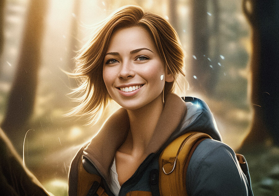 A stylish individual with a chic short haircut dons a sleek jacket and trendy backpack, standing amidst a sunlit forest, basking in warm, serene light.
