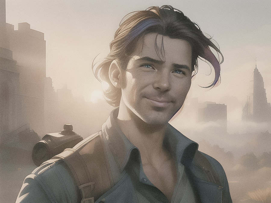 A stylish man with long brown hair streaked with purple, smiles softly in a brown jacket. A backpack slung over his shoulder, he stands against a misty cityscape bathed in soft sunlight and towering skyscrapers. Casual street style meets urban chic.
