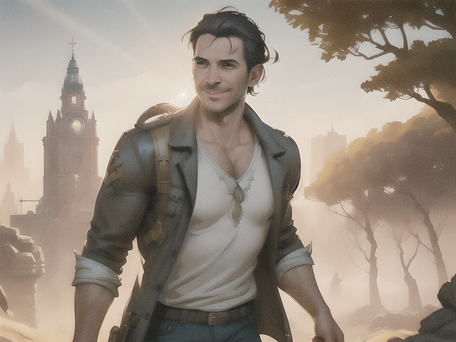 A stylish adventurer with a confident smile and backpack stands in a sunlit landscape, donning a white shirt under an open grey jacket. The clock tower and skyscrapers behind him add an urban-chic touch.