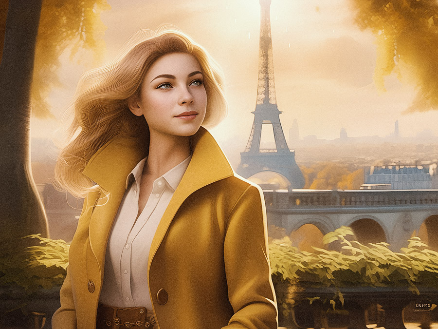 A stylish woman in a yellow coat and white shirt stands outdoors with the Eiffel Tower behind her. Her blonde hair flows as she gazes serenely to the side, bathed in golden light—perfect for a chic travel series cover.