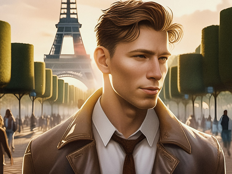 A dapper man with short light brown hair stands before the Eiffel Tower in a leather jacket over a shirt and tie, basking in sunset's warm glow.