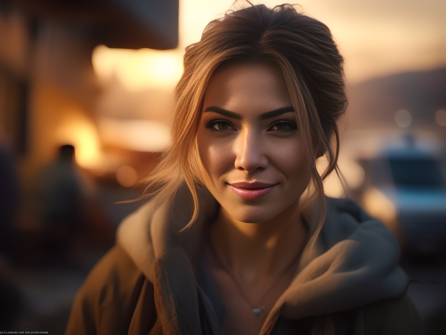 A woman with a chic loose bun smiles softly at sunset, bathed in golden light. The blurred background hints at an outdoor scene with passing details.