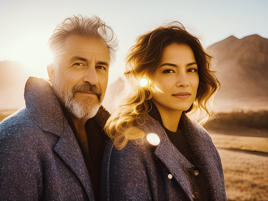 A stylish duo with gray and brunette hair, both donning chic blue coats, stand against a sunlit mountain backdrop. Effortless elegance in nature.