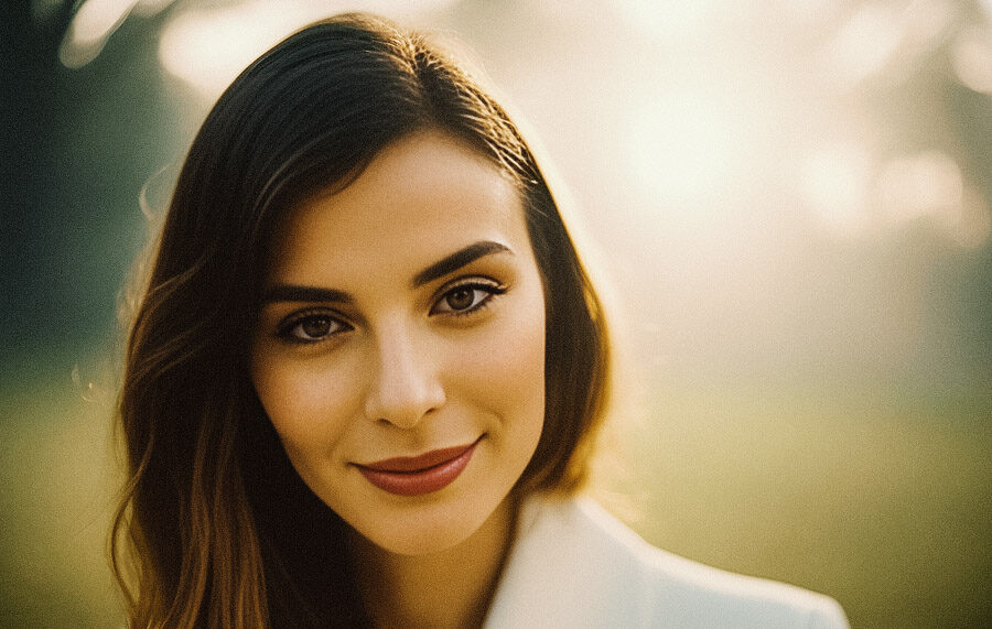 A woman with long, wavy hair and a warm smile gazes at the camera. Clad in a chic white outfit, she stands outdoors with sunlight creating a dreamy ambiance.