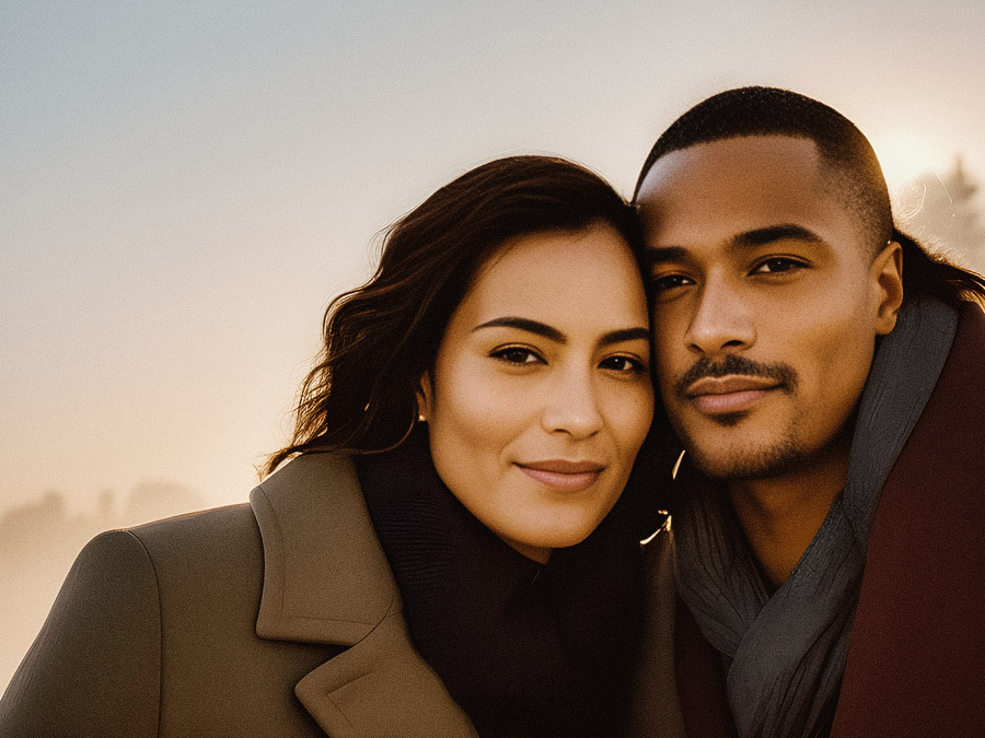 A couple stands outdoors with a misty, warm backdrop. Their coordinated coats and scarves exude timeless, cozy winter fashion. Both smile gently.