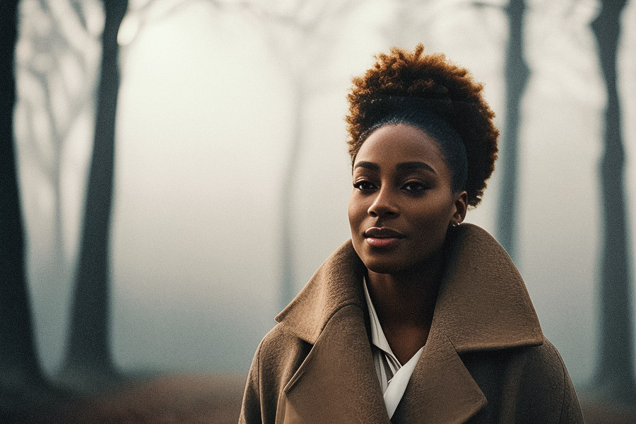 A woman with chic short curls and a stylish beige coat stands in a misty forest, exuding serene confidence amidst blurred, leafless trees.