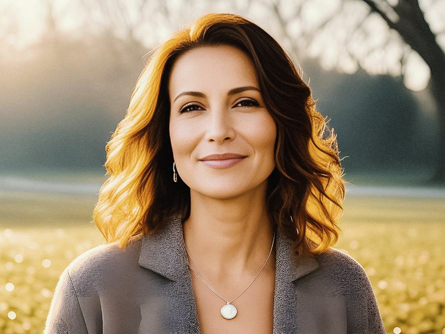 A woman with wavy shoulder-length hair smiles softly outdoors, showcasing a gray top, pendant necklace, and earrings. Style meets nature's glow.