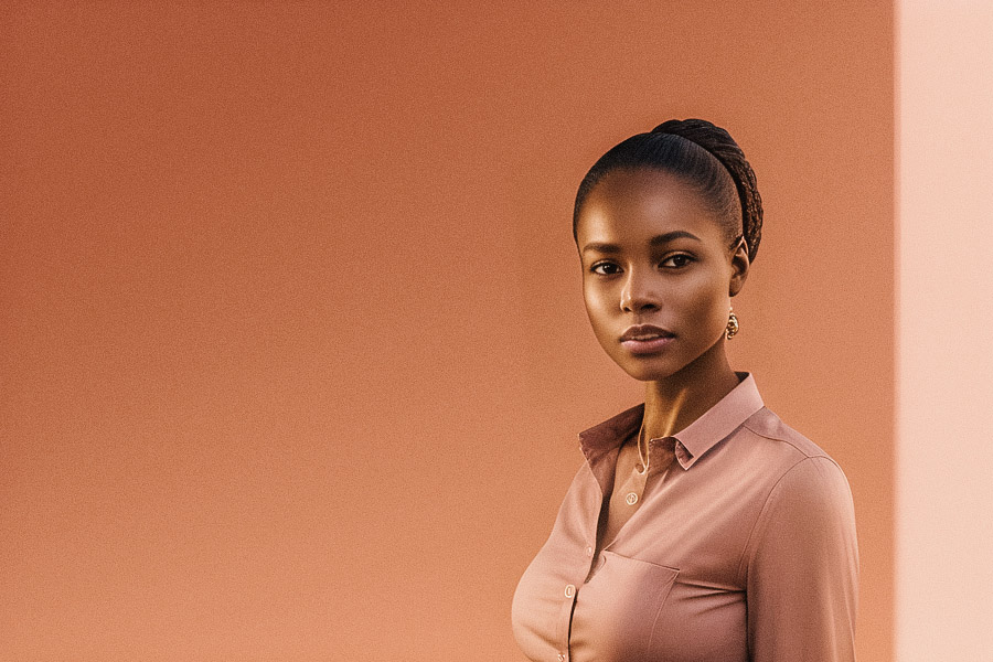 A chic individual sports a sleek updo and a buttoned-up collar shirt against a trendy peach background, showcasing polished elegance and poise.