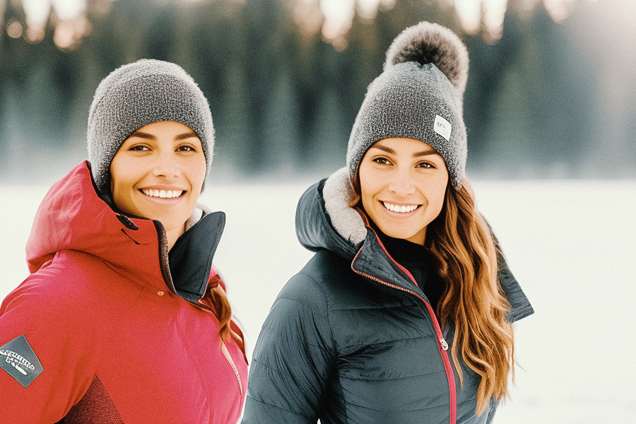 Two stylish women in cozy gray knit beanies and chic winter jackets stand amidst a snowy landscape, evergreen trees faintly visible behind them. Smiling brightly, their hair flowing freely, they embody winter fashion blissfully.